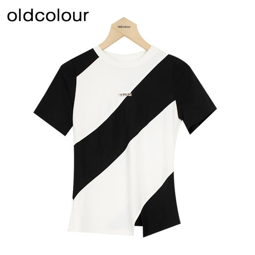 oldcolour夏季新款小众设计感短袖T恤女黑白条纹撞色P25021214 商品图0