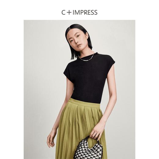西嘉【现货】C+IMPRESS/西嘉全天丝短袖女t恤夏卷边半高领简约一字肩莱赛尔上衣T2402029 商品图1