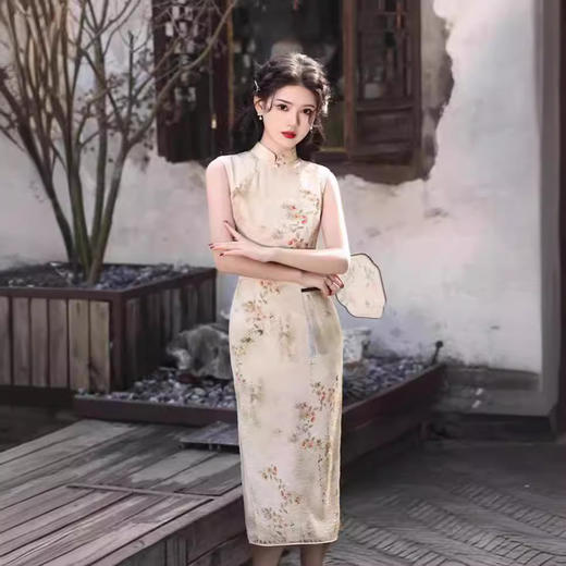 无袖双层仿苎麻印花长款旗袍，中国风少女低开衩旗袍SJT636 商品图0