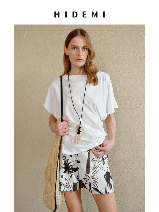 HIDEMI 度假系列水洗自然棉不对称扭扭式堆叠感短袖针织t恤上衣 白色/灰色/黑色 商品图5