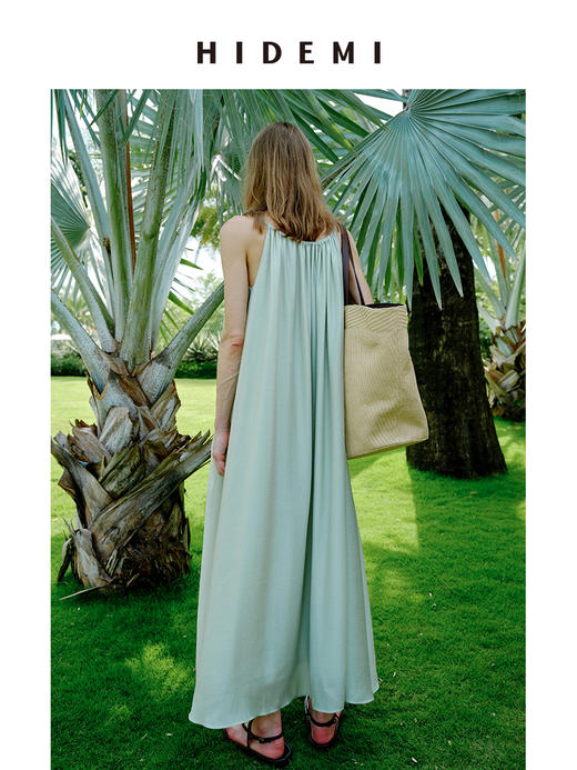 HIDEMI 度假系列抽绳设计感系带式褶皱大裙摆吊带连衣裙 薄荷曼波绿/深棕色 商品图6