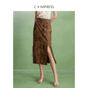 西嘉C+IMPRESS/西嘉人丝新中式半身裙女复古立体提花国风优雅开衩半裙BQ2402020