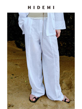 HIDEMI 度假系列水洗亚麻系列压褶休闲长裤