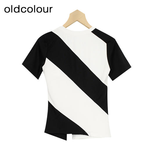 oldcolour夏季新款小众设计感短袖T恤女黑白条纹撞色P25021214 商品图1