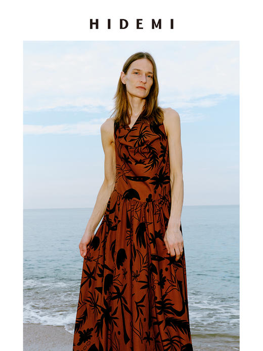 HIDEMI 【赵丽颖同款】度假系列“棕榈树下”手绘艺术感抽象印花晚霞棕红色五件套 商品图4
