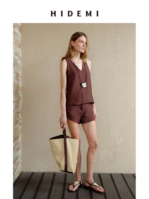HIDEMI 度假系列V领纽结设计感背心套装 背心/短裤 薄荷曼波绿/乌木棕 商品图1
