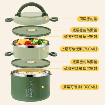 贝瑟斯304不锈钢饭盒三层大容量保温饭盒便携手提饭桶2.4L绿 上班族餐盒 /厨具 /餐具 /饭盒/提锅 商品图6