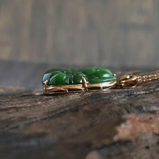 【天然正品】AU750玫瑰金镶钻镶天然佛公和田玉碧玉（平安、吉祥）吊坠项链040524NJ12 商品图3