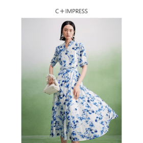 西嘉C+IMPRESS/西嘉新中式度假风v领设计感优雅显瘦一片式印花连衣裙LYQ2402055