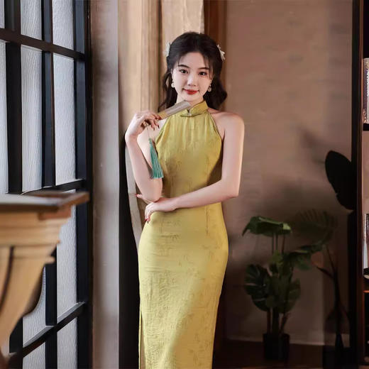 挂脖双层棉麻提花无袖中长款旗袍SJT653 商品图1