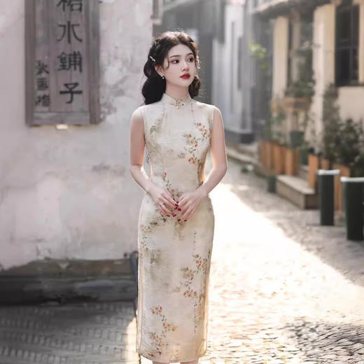 无袖双层仿苎麻印花长款旗袍，中国风少女低开衩旗袍SJT636 商品图2