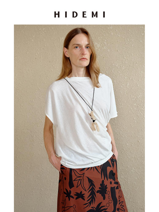 HIDEMI 度假系列水洗自然棉不对称扭扭式堆叠感短袖针织t恤上衣 白色/灰色/黑色 商品图2