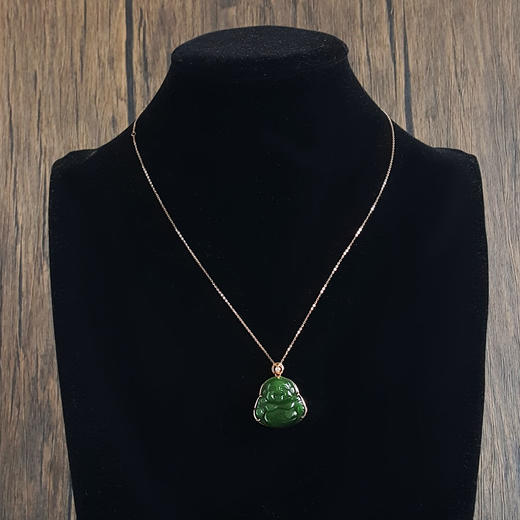 【天然正品】AU750玫瑰金镶钻镶天然佛公和田玉碧玉（平安、吉祥）吊坠项链040524NJ12 商品图5