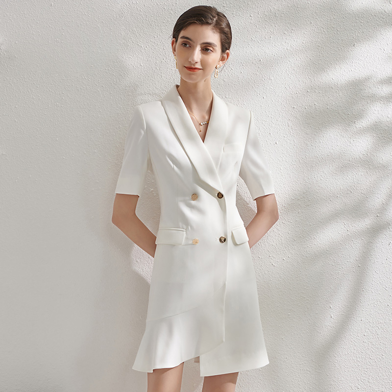 白色不规则裙摆设计感连衣裙女气质短袖优雅西装裙夏季