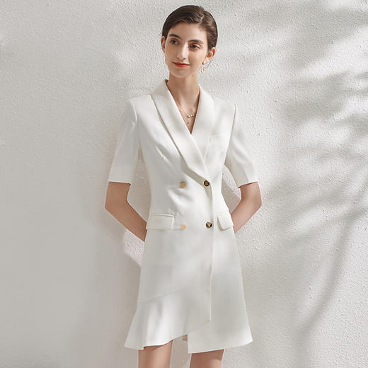 白色不规则裙摆设计感连衣裙女气质短袖优雅西装裙夏季 商品图0