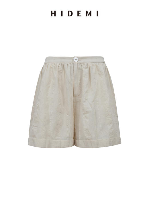 HIDEMI 度假系列浮雕格纹艺术感面料镂空开衩褶皱前后两穿背心套装 奶油米/灰绿色 背心/短裤 商品图12