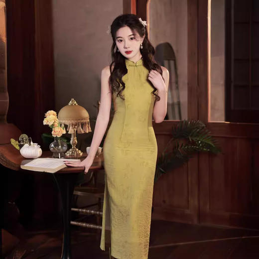 挂脖双层棉麻提花无袖中长款旗袍SJT653 商品图3