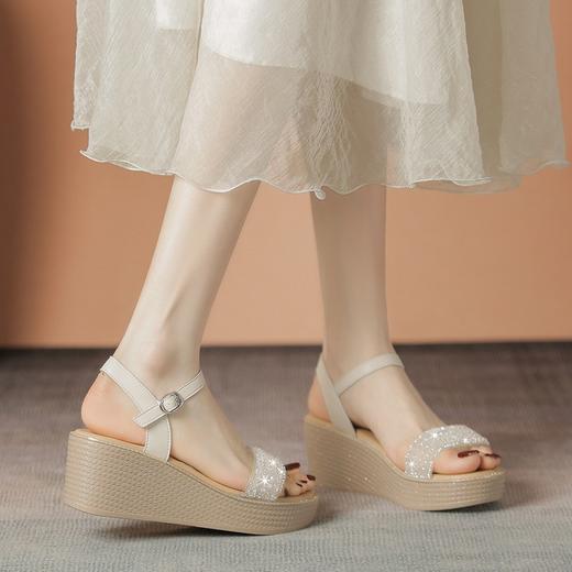 ZHR坡跟带水钻高跟鞋2024夏季新款外穿厚底小个子增高女鞋配裙子 商品图1