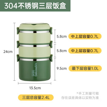 贝瑟斯304不锈钢饭盒三层大容量保温饭盒便携手提饭桶2.4L绿 上班族餐盒 /厨具 /餐具 /饭盒/提锅