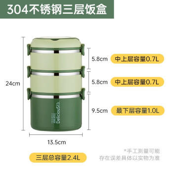 贝瑟斯304不锈钢饭盒三层大容量保温饭盒便携手提饭桶2.4L绿 上班族餐盒 /厨具 /餐具 /饭盒/提锅 商品图0