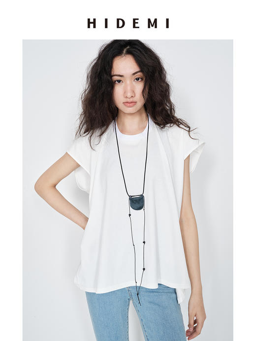 HIDEMI极简圆领龟背感廓形休闲落肩袖透气亲肤针织小飞袖T恤 白色/巧克力色/豆乳米 商品图0