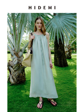 HIDEMI 度假系列抽绳设计感系带式褶皱大裙摆吊带连衣裙 薄荷曼波绿/深棕色