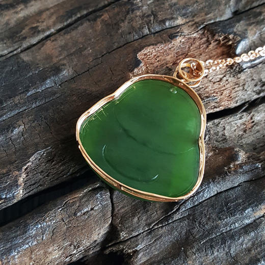 【天然正品】AU750玫瑰金镶钻镶天然佛公和田玉碧玉（平安、吉祥）吊坠项链040524NJ12 商品图4