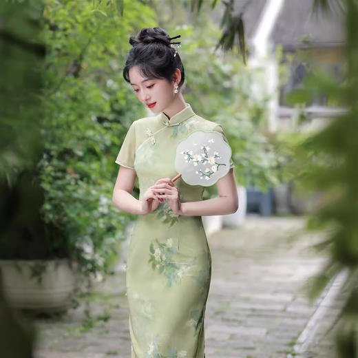 网纱印花长款侧八扣旗袍，一路绿灯学业有成高考送考SJT668 商品图3