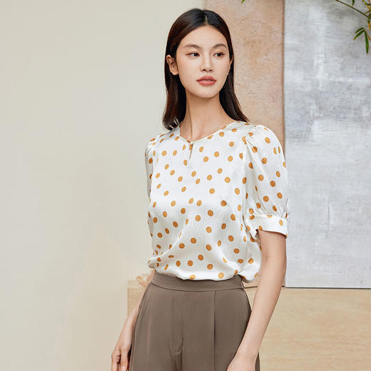 玳莎珍珠缎真丝小衫女2024年夏季波点印花100%桑蚕丝短袖衬衫上衣  CB31110 商品图1