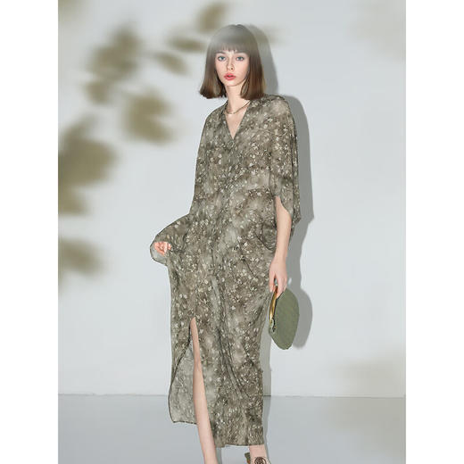 【秒杀】COCOBELLA设计感立裁不对称植物印花连衣裙茧型雪纺裙FR3056 商品图3