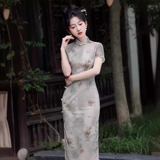 （辉煌腾达）网纱印花侧八扣长款，高考送考旗袍灰色节节高开衩旗袍SJT667 商品图1