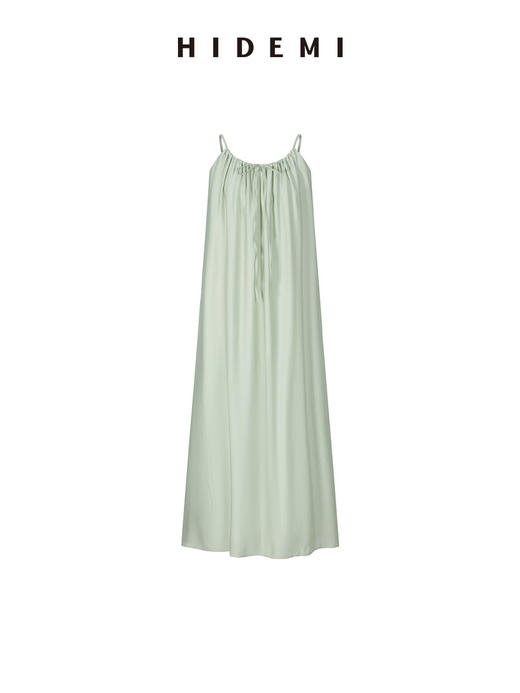 HIDEMI 度假系列抽绳设计感系带式褶皱大裙摆吊带连衣裙 薄荷曼波绿/深棕色 商品图11