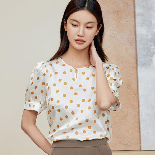 玳莎珍珠缎真丝小衫女2024年夏季波点印花100%桑蚕丝短袖衬衫上衣  CB31110 商品图0
