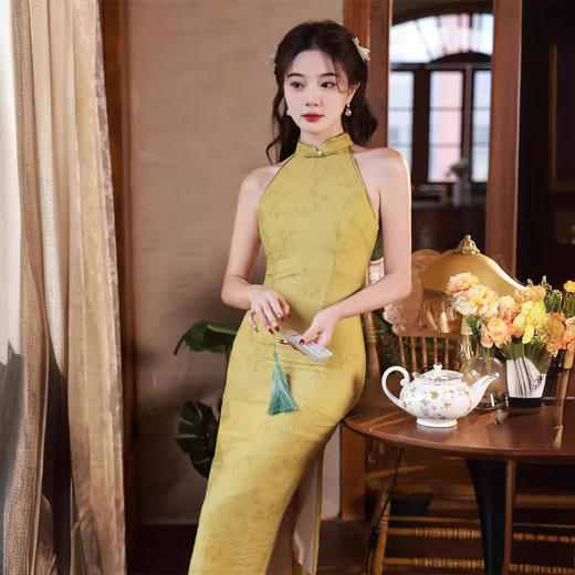 挂脖双层棉麻提花无袖中长款旗袍SJT653 商品图2