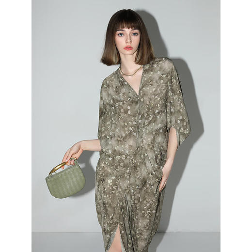 【秒杀】COCOBELLA设计感立裁不对称植物印花连衣裙茧型雪纺裙FR3056 商品图1