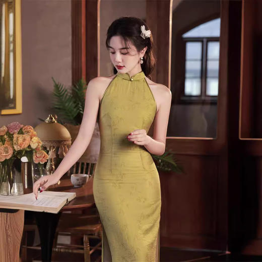 挂脖双层棉麻提花无袖中长款旗袍SJT653 商品图0