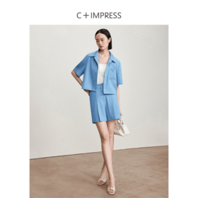 西嘉【现货】C+IMPRESS/西嘉时髦牛仔蓝松弛感落肩短袖翻领衬衫阔腿短裤套装女CS2402002