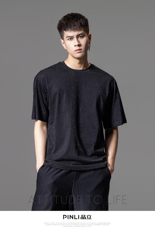 PINLI品立2024夏季新款烫钻休闲短袖T恤男士潮牌百搭圆领黑色体恤BG242111067 商品图8