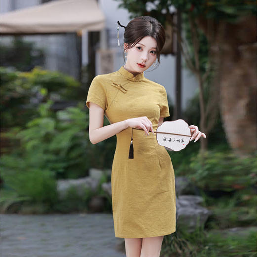 SKY13纯黄色提花棉短款旗袍2024夏季新款时尚改良年轻少女款日常旗袍裙 商品图0