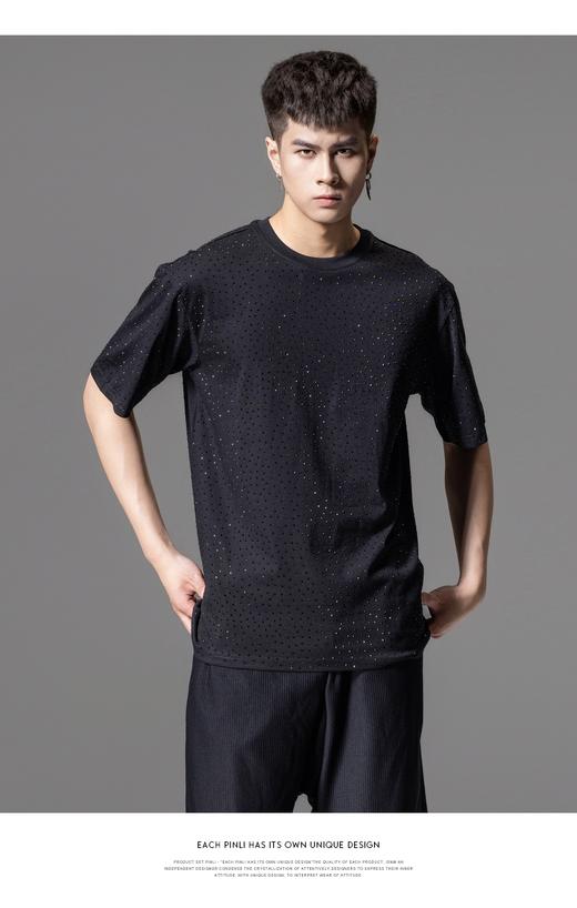PINLI品立2024夏季新款烫钻休闲短袖T恤男士潮牌百搭圆领黑色体恤BG242111067 商品图6