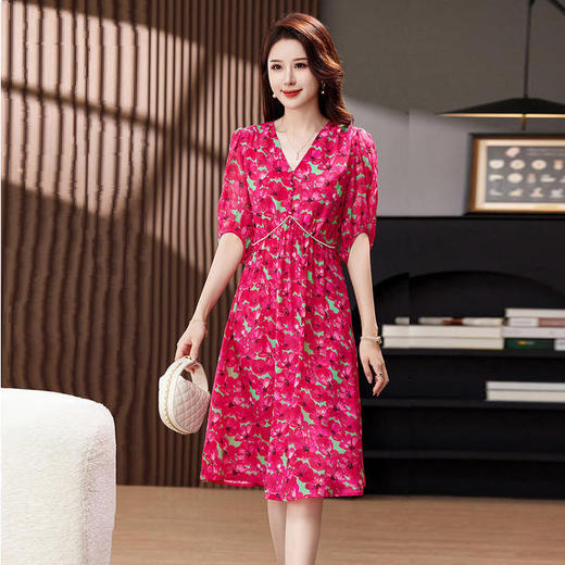 上海旗袍厂重磅真丝连衣裙女2024夏季新款碎花气质收腰品牌年轻款桑蚕丝裙子 商品图0