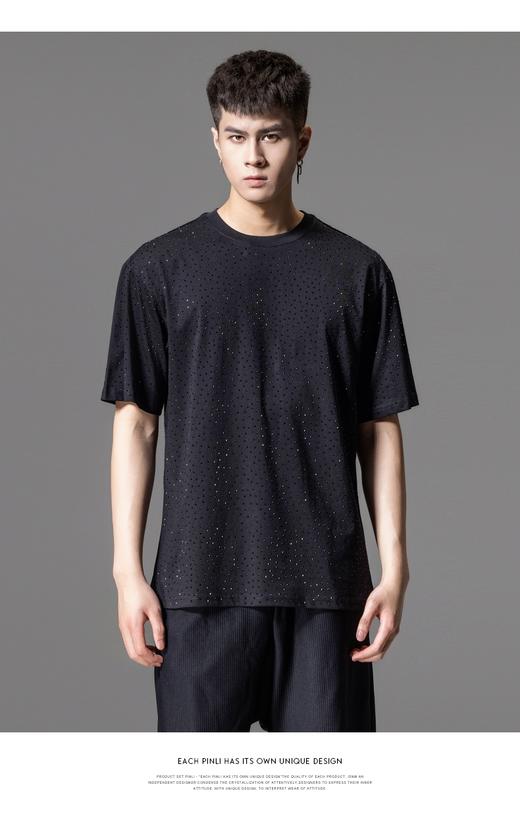 PINLI品立2024夏季新款烫钻休闲短袖T恤男士潮牌百搭圆领黑色体恤BG242111067 商品图0