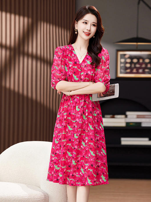 上海旗袍厂重磅真丝连衣裙女2024夏季新款碎花气质收腰品牌年轻款桑蚕丝裙子 商品图2
