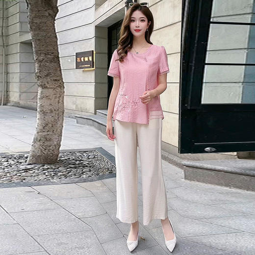 QYM YZY2467-Y妈妈装休闲两件套不对称小衫+直筒裤套装 商品图0