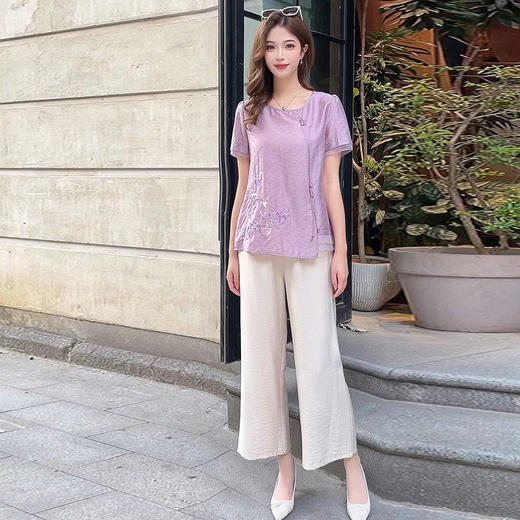 QYM YZY2467-Y妈妈装休闲两件套不对称小衫+直筒裤套装 商品图1