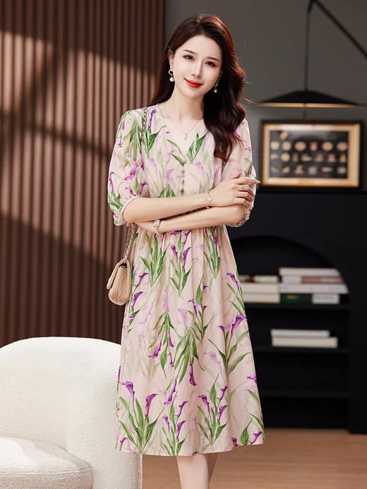 上海旗袍厂重磅真丝连衣裙女2024夏季新款碎花气质收腰品牌年轻款桑蚕丝裙子 商品图3