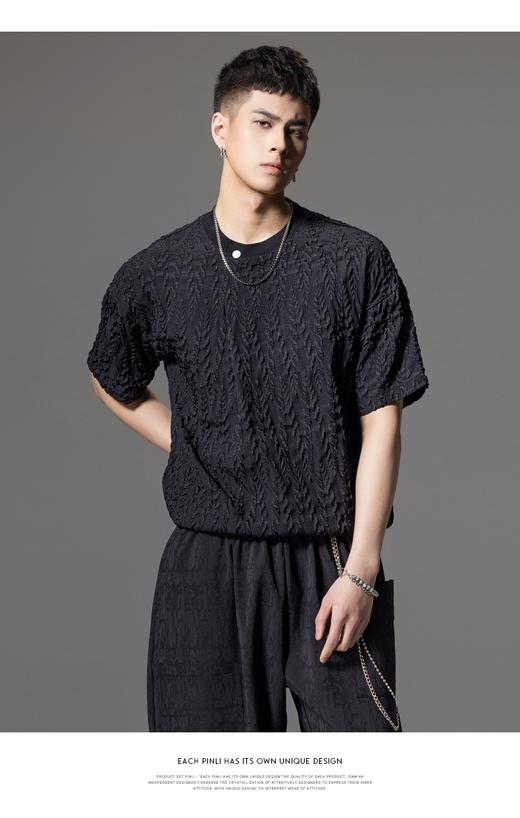 PINLI品立夏季新款提花树叶短袖T恤男士圆领捏褶宽松潮牌上衣B242111036 商品图8