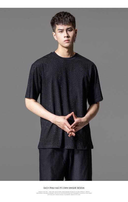 PINLI品立2024夏季新款烫钻休闲短袖T恤男士潮牌百搭圆领黑色体恤BG242111067 商品图7