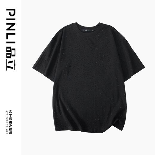 PINLI品立2024夏季新款烫钻休闲短袖T恤男士潮牌百搭圆领黑色体恤BG242111067 商品图3