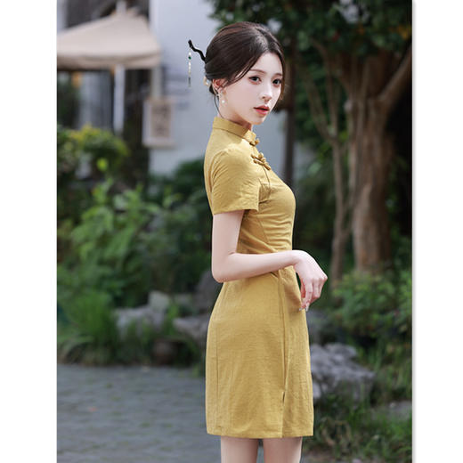 SKY13纯黄色提花棉短款旗袍2024夏季新款时尚改良年轻少女款日常旗袍裙 商品图1